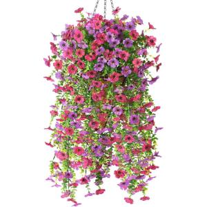 Homsunny Artificial Flowers Hanging Basket for Outdoor Spring Decor, Fake Hanging Plants Faux Mums UV Resistant Silk Daisy for Outside Front Porch Patio Balcony Garden Backyard(Purple+fuchsia)