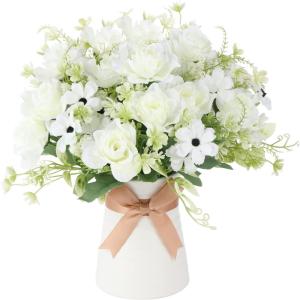 Homsunny Artificial Flowers in Vase, Fake Gardenia Flowers with Ceramics Vase, Silk Flower Arrangements for Homes Offices Dinning Roon Table Kitchen Desktop Decorate (White)