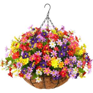Homsunny Artificial Hanging Baskets Flowers Plants Outdoor Porch Spring Decoration,Fake Silk Flower Daisy Arrangement for Indoor Patio Lawn Garden Home Summer Decor(Orange)(Mix)