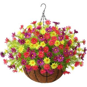 Homsunny Artificial Hanging Flowers for Outdoors Spring Decoration,Faux Silk Chrysanthemum,Hanging Planters in 12 inch Coconut Lining Basket for Home Outside Porch Decor