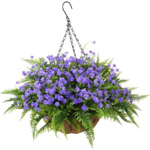 Homsunny Artificial Hanging Flowers in Basket Outdoor Indoor Patio Lawn Garden Decor, UV Resistant Rose Eucalyptus Plants with 12inch Coconut Lining Chain Flowerpot(Purple)