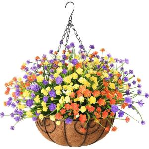 Homsunny Artificial Hanging Flowers in Basket for Patio Garden Decoration,Artificial Daisy Arrangement,Fake Plants in 12 inch Coconut Lining Basket for Outside Summer Decor(Multicolor)