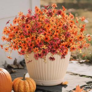 Homsunny Artificial Mums Fake Flowers for Outdoors Decoration, 12 Bundles Faux Silk Daisy Plants UV Resistant for Outside Garden Front Door Porch Planter Patio Yard (Mix)(Orang Brown)