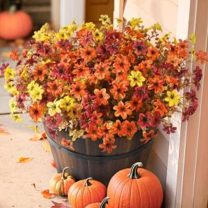 Homsunny Artificial Mums Fake Flowers for Outdoors Decoration, 12 Bundles Faux Silk Daisy Plants UV Resistant for Outside Garden Front Door Porch Planter Patio Yard (Mix)(Yellow Brown Orange)