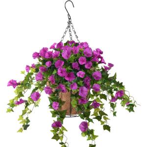 Homsunny Artificial Vine Silk Petunia Flowers, Fake Hanging Plant in Basket, Coconut Lining Pot Porch Decoration for Patio Lawn Garden Spring Decor(Blue)(Purple)