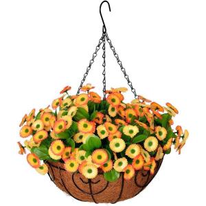 Homsunny Fall Artificial Chrysanthemum Flowers in Basket, Silk-Making with 12 inch Flowerpot Centerpieces,Fake Hanging Plants in Coconut Lining for Outdoors Indoors Courtyard Decor (Yellow)