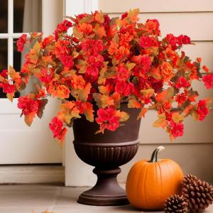 Homsunny Fall Flowers for Outdoors, 2 PCS Fake Fall Flowers UV Resistant Fake Autumn Artificial Flowers for Porch Patio Window Box Planter Home Decor (Sunset Red and Orange)(Double Orange)