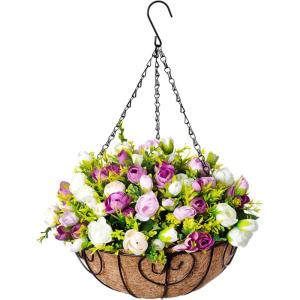 Homsunny Hanging Flowers Basket, Artificial Rosebud Flowers in 12 inch coconut lining Hanging Baskets For The Decoration of Courtyard, Outdoors, and Indoors (Pink, white)
