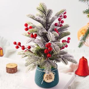 Small Artificial Mini Tabletop Christmas Tree Xmas Decorations,14 Inch Cedar Tree with Red Berry Ornaments for Table Top Office Desk Classroom Room Home Winter Holiday Decor (Green Pot)