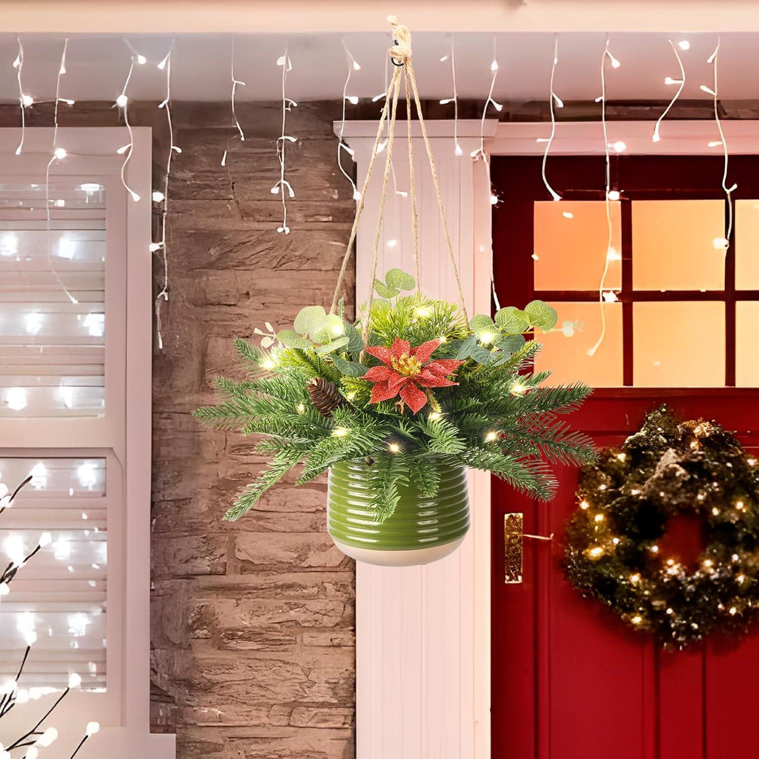 imageHomsunny Artificial Christmas Hanging Baskets Hanging Christmas Tree Decorated with Faux Flower Pine Cones for Front Porch Patio Outdoors Christmas Decoration