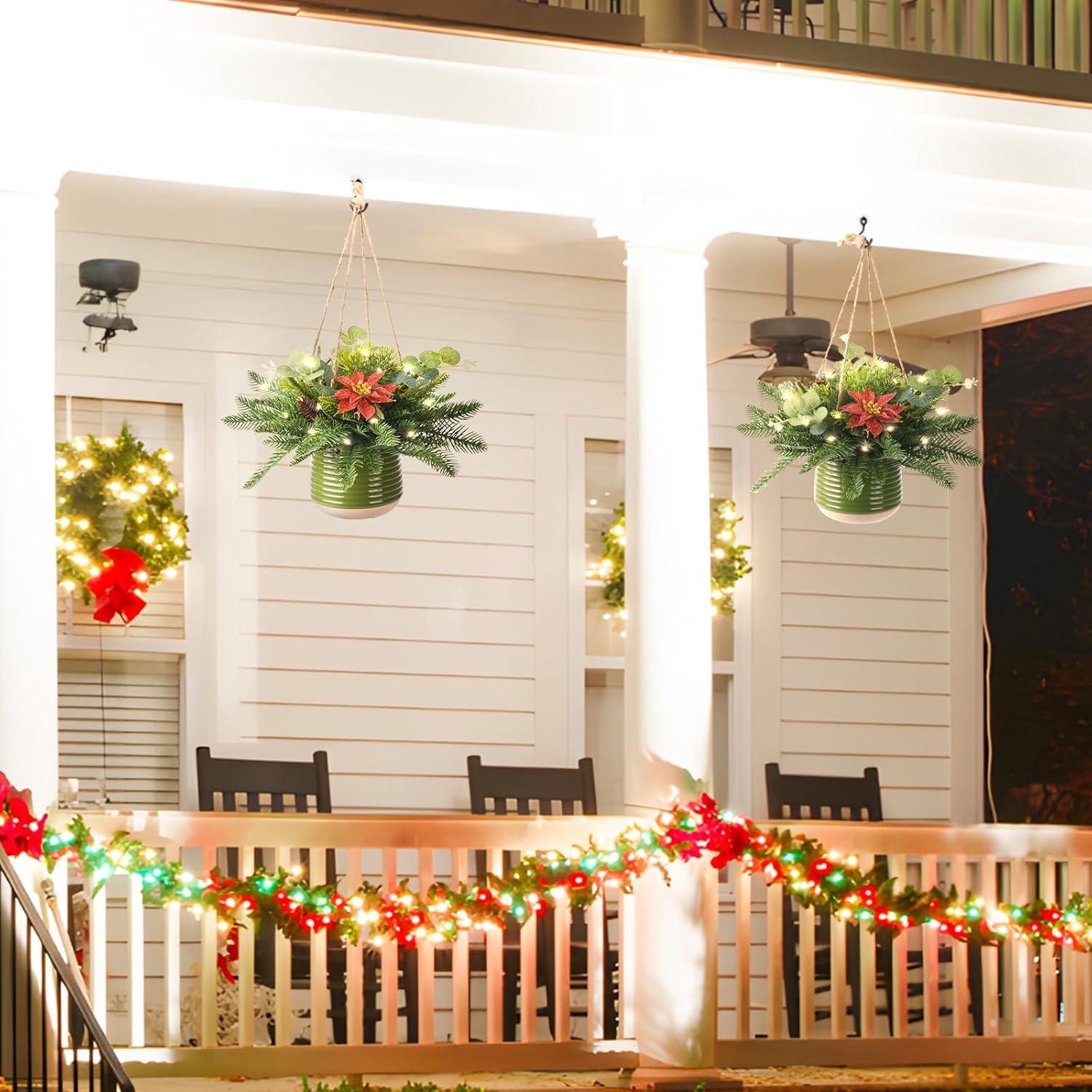 imageHomsunny Artificial Christmas Hanging Baskets Hanging Christmas Tree Decorated with Faux Flower Pine Cones for Front Porch Patio Outdoors Christmas Decoration