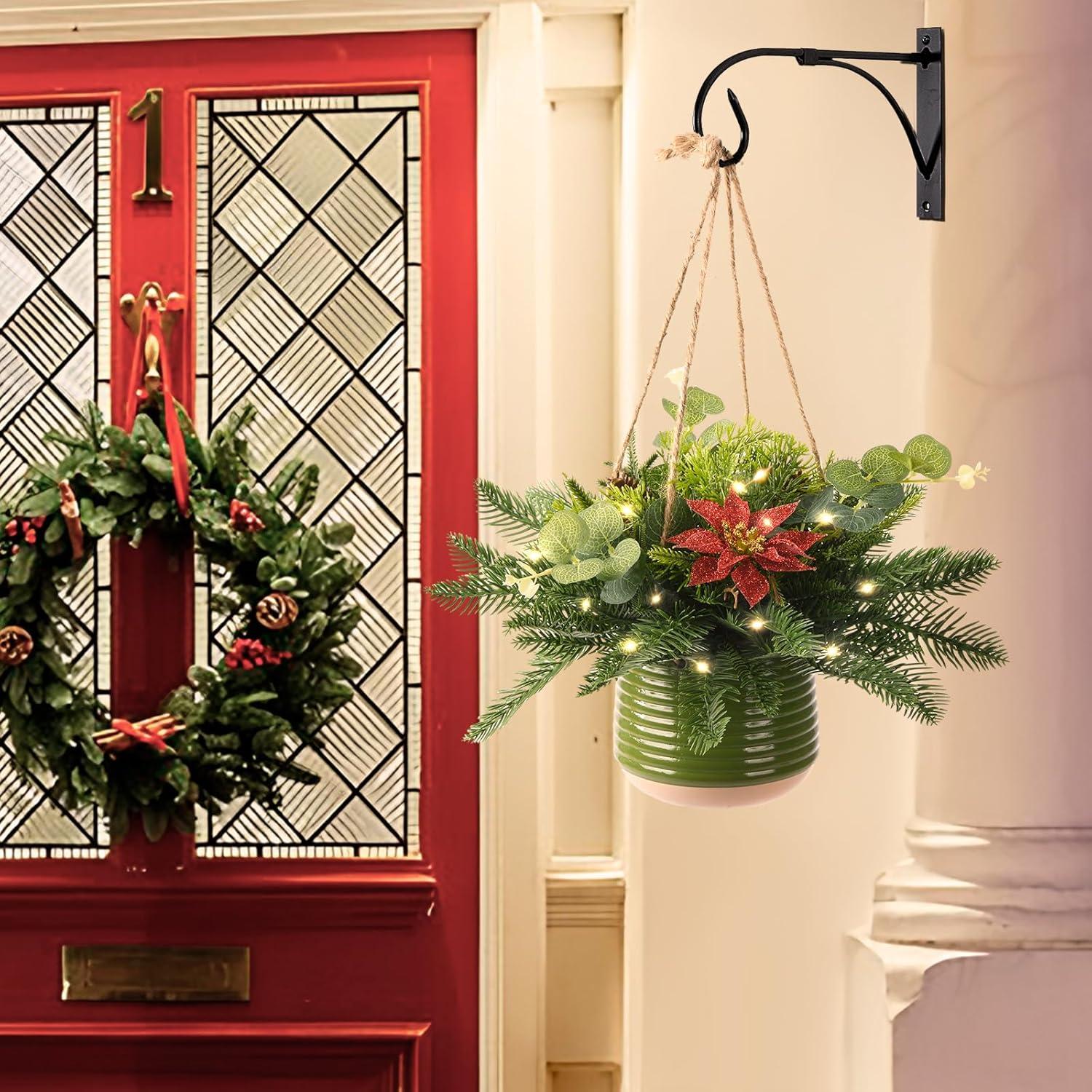 imageHomsunny Artificial Christmas Hanging Baskets Hanging Christmas Tree Decorated with Faux Flower Pine Cones for Front Porch Patio Outdoors Christmas Decoration