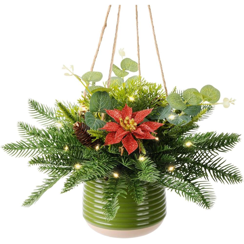 imageHomsunny Artificial Christmas Hanging Baskets Hanging Christmas Tree Decorated with Faux Flower Pine Cones for Front Porch Patio Outdoors Christmas Decoration