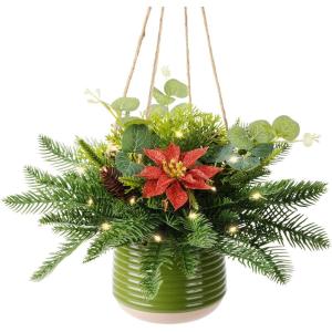 Homsunny Artificial Christmas Hanging Baskets, Hanging Christmas Tree Decorated with Faux Flower Pine Cones for Front Porch Patio, Outdoors Christmas Decoration