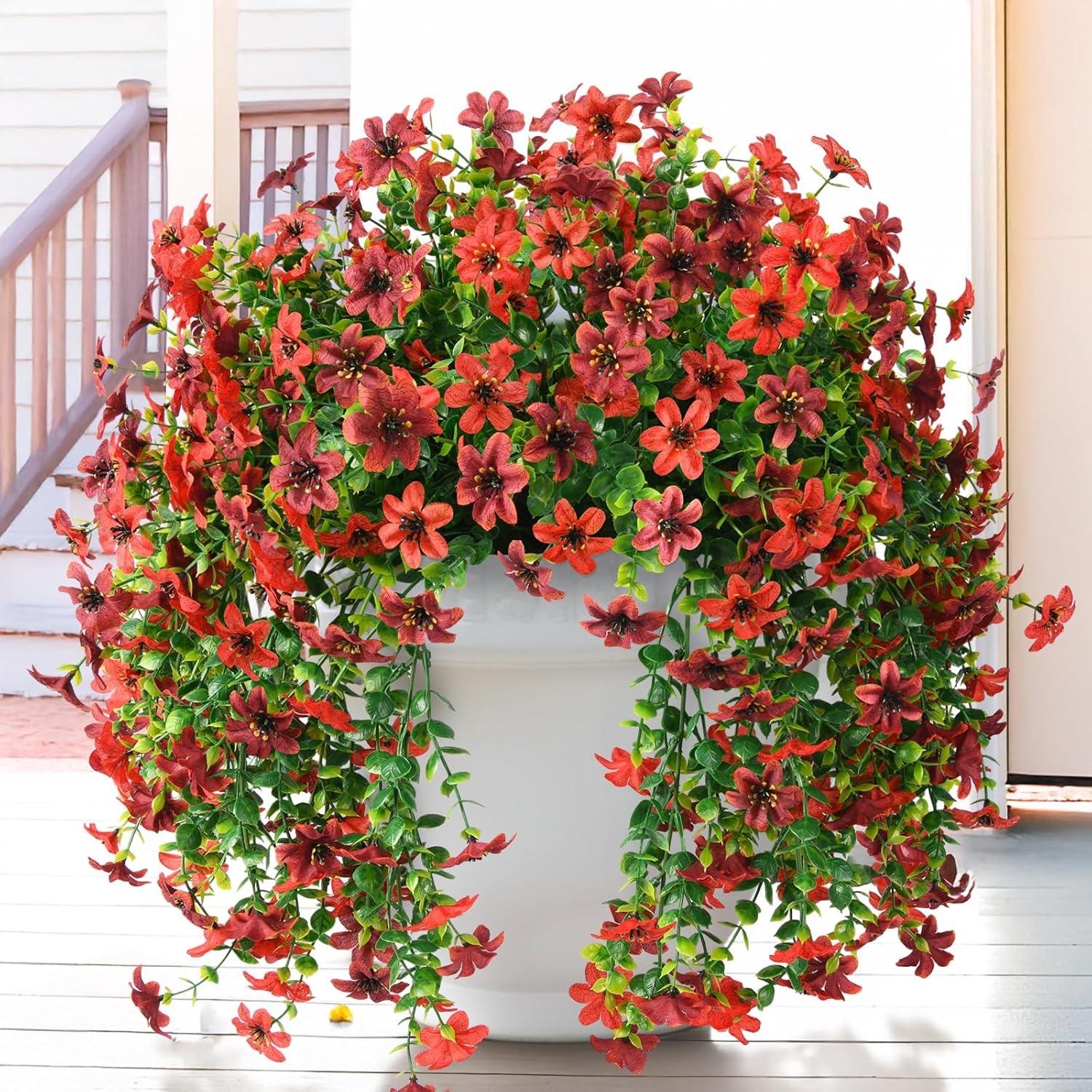image:imageArtificial Hanging Flowers Plants for Outdoor Spring Decoration 2 PCS Fake Silk Daisy Flower Planter UV Resistant Look Real for Outside Patio Porch Home Summer Decor PurpleRed Brown