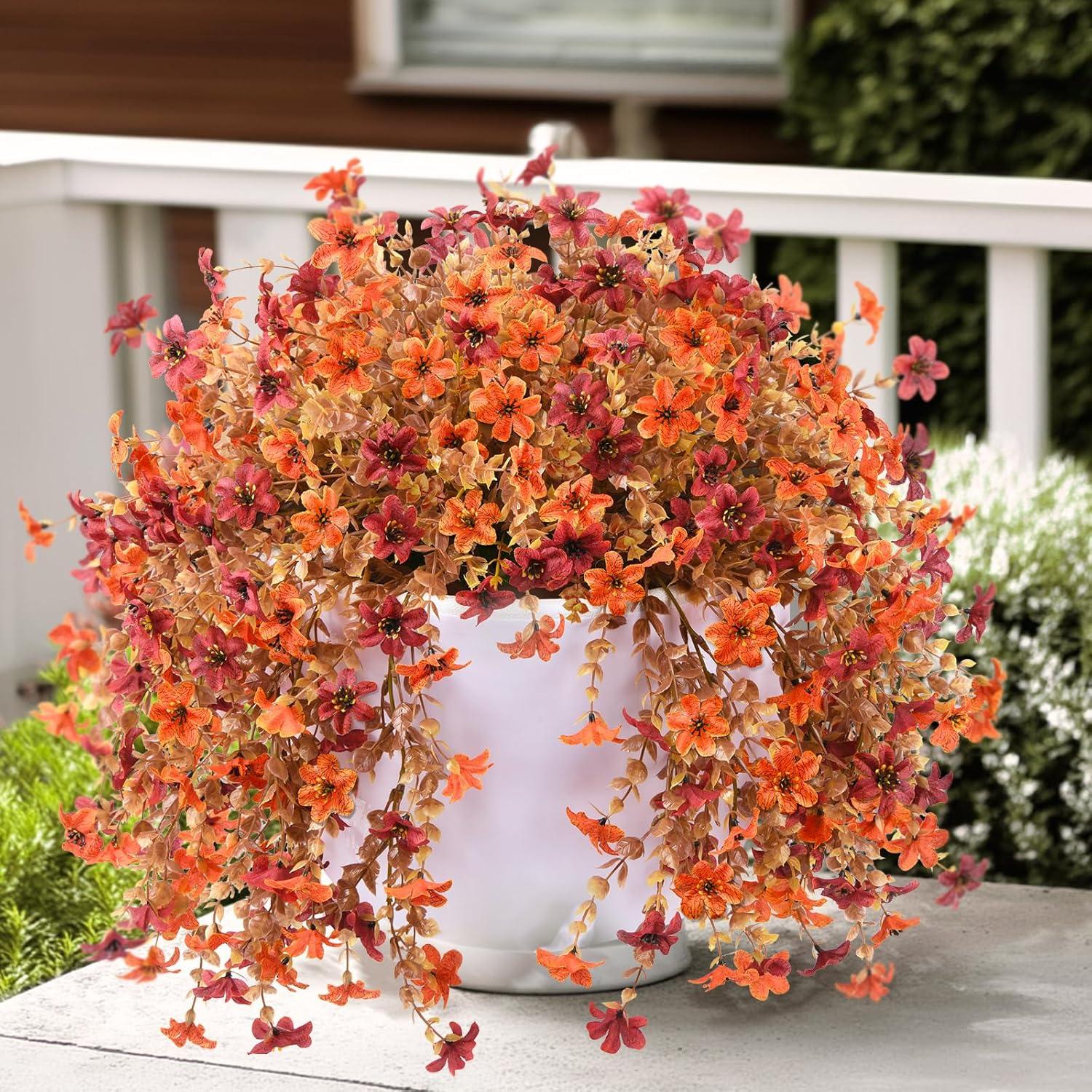 image:imageArtificial Hanging Flowers Plants for Outdoor Spring Decoration 2 PCS Fake Silk Daisy Flower Planter UV Resistant Look Real for Outside Patio Porch Home Summer Decor PurpleD Orange Brown