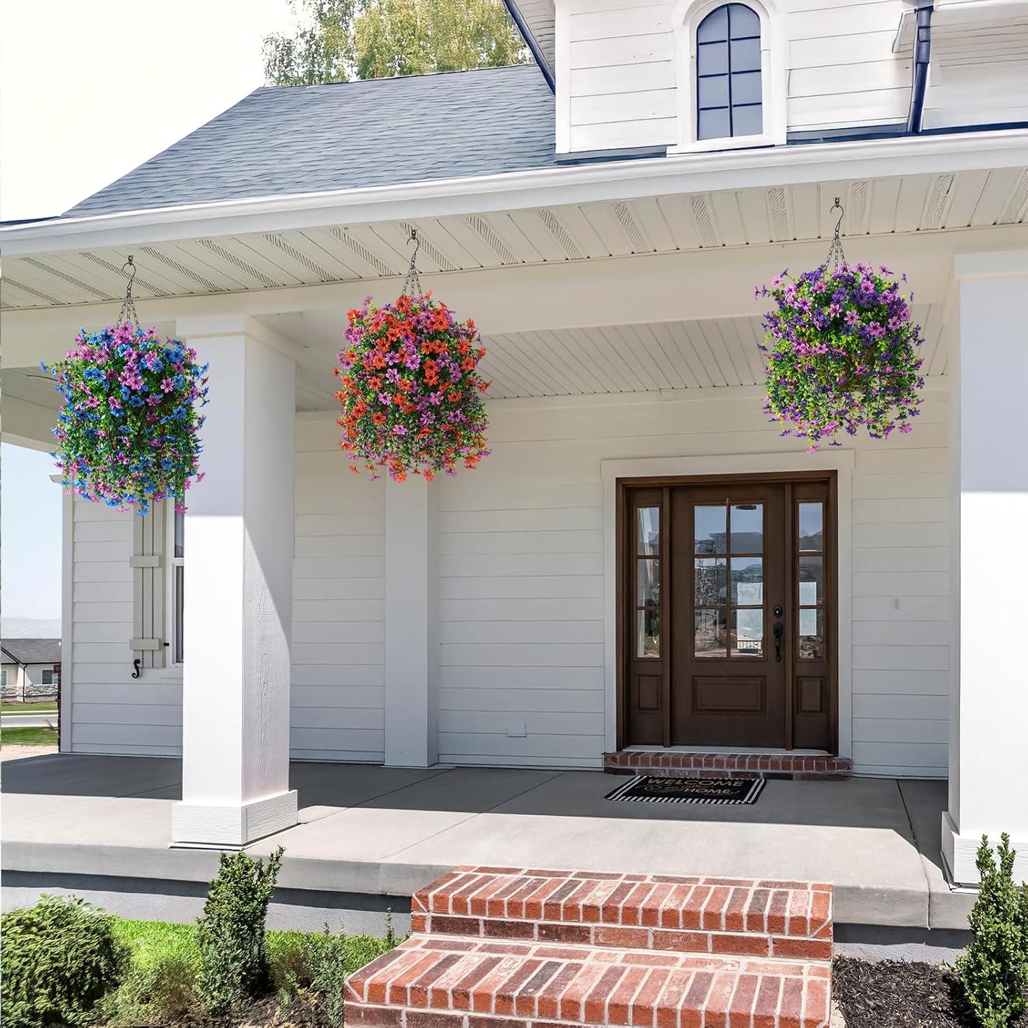 image:imageArtificial Hanging Flowers Plants for Outdoor Spring Decoration 2 PCS Fake Silk Daisy Flower Planter UV Resistant Look Real for Outside Patio Porch Home Summer Decor PurpleRed Purple