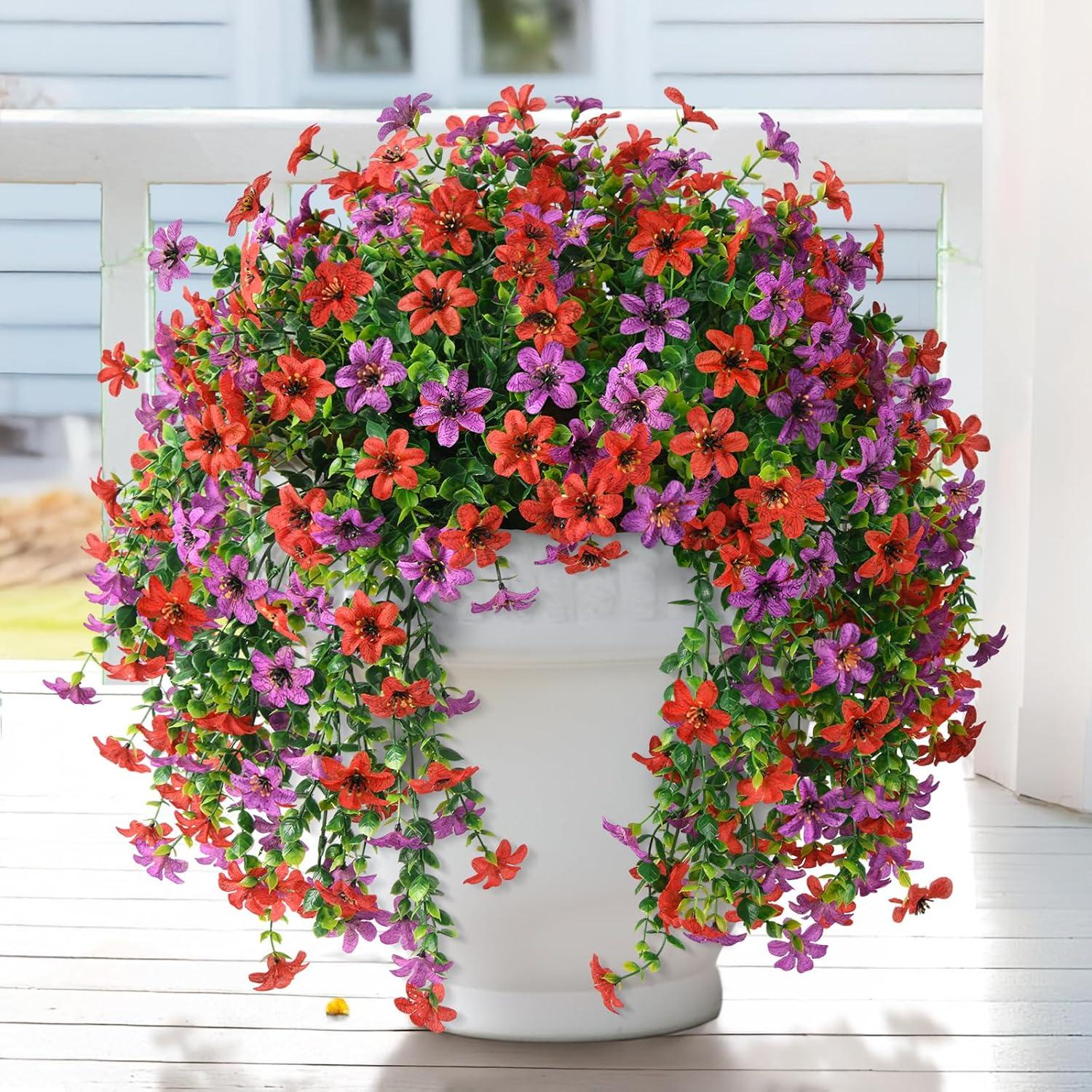 image:imageArtificial Hanging Flowers Plants for Outdoor Spring Decoration 2 PCS Fake Silk Daisy Flower Planter UV Resistant Look Real for Outside Patio Porch Home Summer Decor PurpleRed Purple