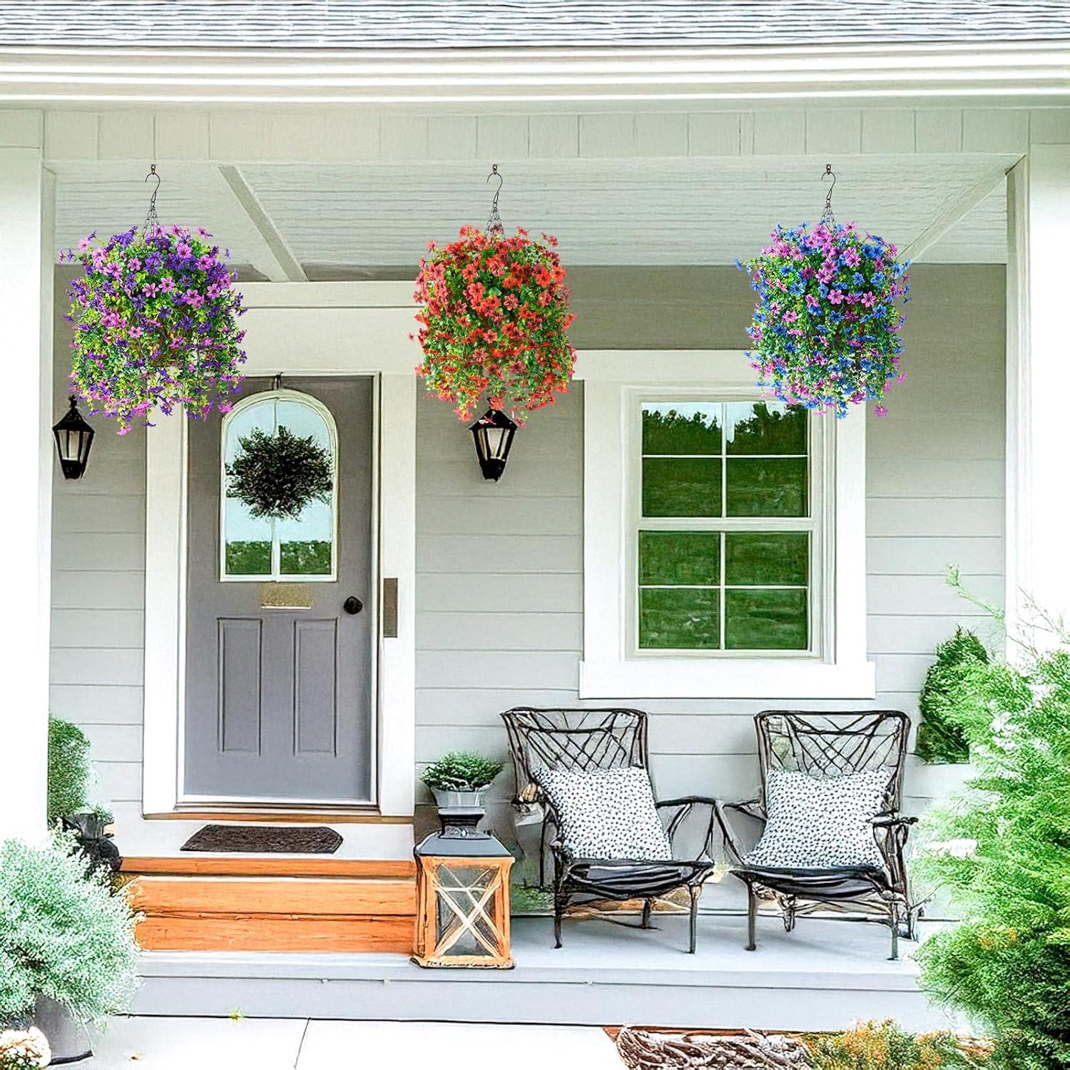 image:imageArtificial Hanging Flowers Plants for Outdoor Spring Decoration 2 PCS Fake Silk Daisy Flower Planter UV Resistant Look Real for Outside Patio Porch Home Summer Decor PurpleRed Brown