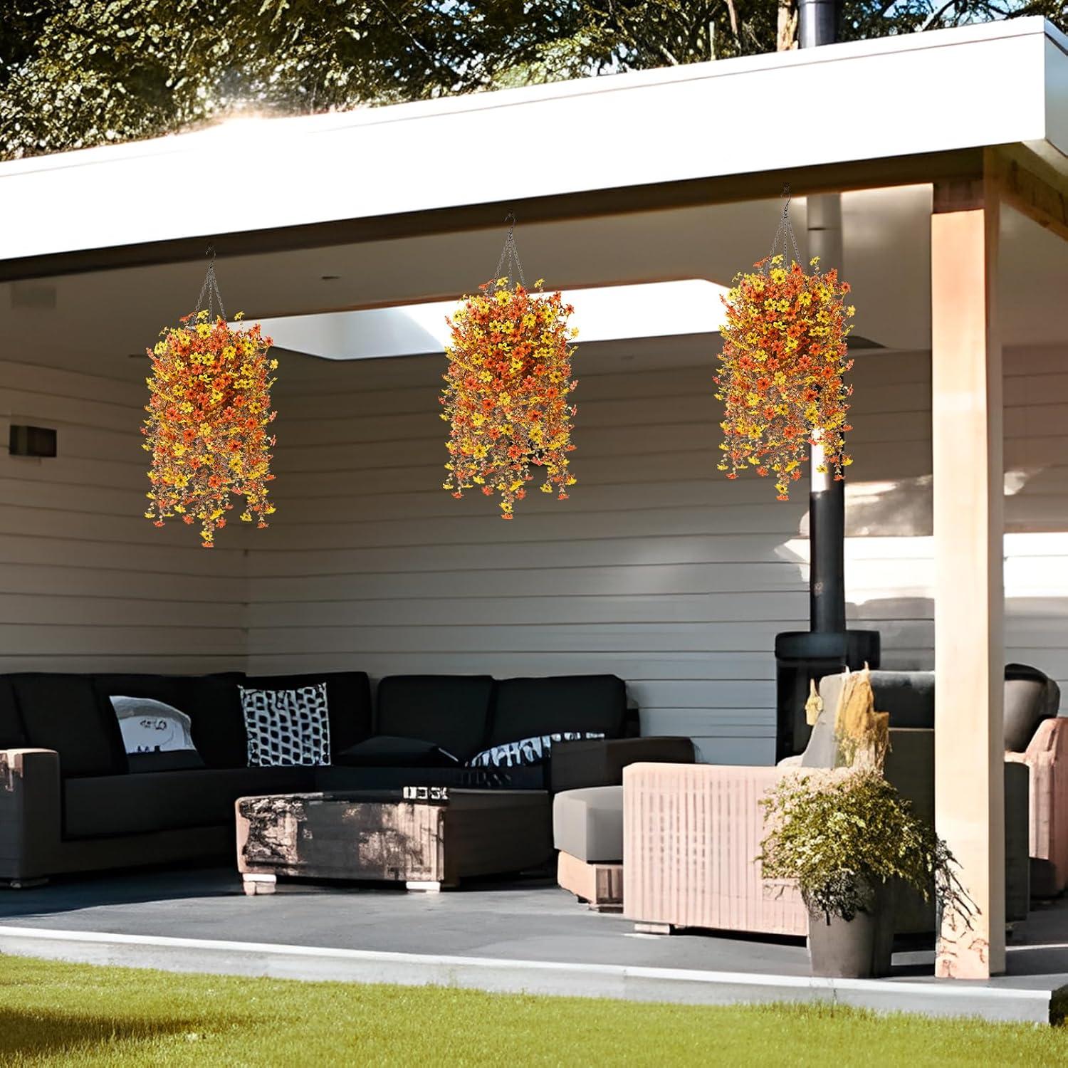 image:imageArtificial Hanging Flowers Plants for Outdoor Spring Decoration 2 PCS Fake Silk Daisy Flower Planter UV Resistant Look Real for Outside Patio Porch Home Summer Decor PurpleC Orange Yellow