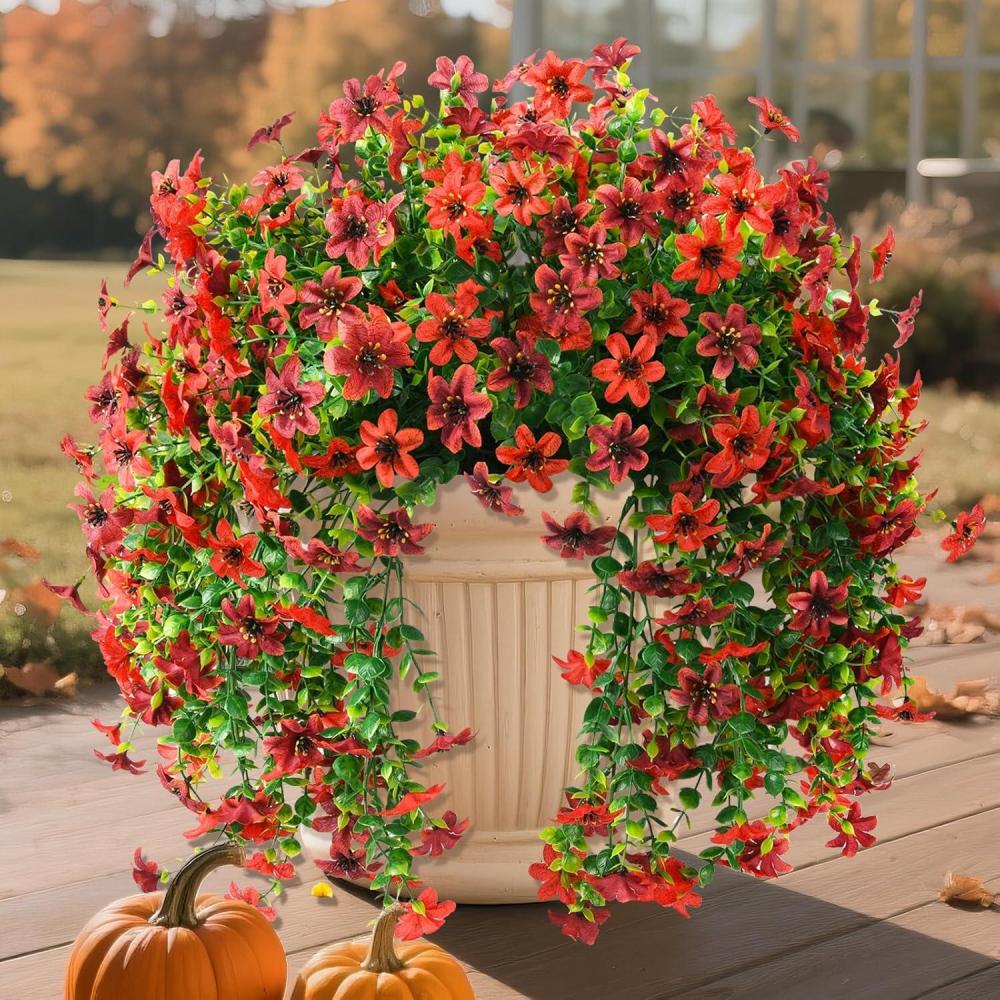 image:imageArtificial Hanging Flowers Plants for Outdoor Spring Decoration 2 PCS Fake Silk Daisy Flower Planter UV Resistant Look Real for Outside Patio Porch Home Summer Decor PurpleRed Brown