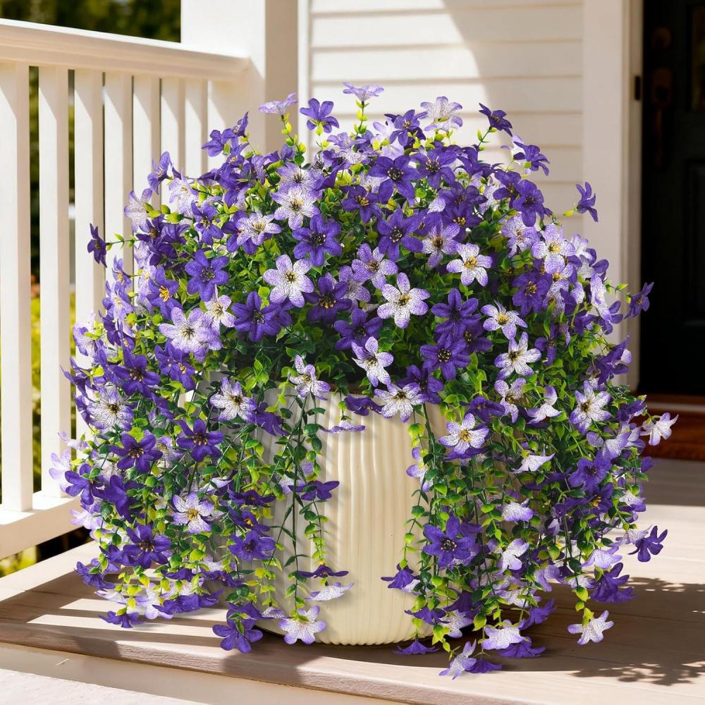 image:imageArtificial Hanging Flowers Plants for Outdoor Spring Decoration 2 PCS Fake Silk Daisy Flower Planter UV Resistant Look Real for Outside Patio Porch Home Summer Decor PurplePurple