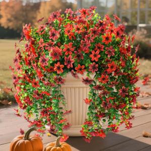 Artificial Hanging Flowers Plants for Outdoor Spring Decoration, 2 PCS Fake Silk Daisy Flower Planter UV Resistant Look Real for Outside Patio Porch Home Summer Decor (Purple)(Red Brown)