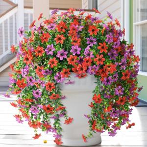 Artificial Hanging Flowers Plants for Outdoor Spring Decoration, 2 PCS Fake Silk Daisy Flower Planter UV Resistant Look Real for Outside Patio Porch Home Summer Decor (Purple)(Red Purple)