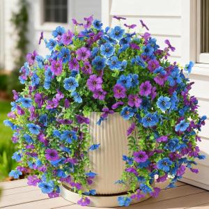 Artificial Faux Flowers Plants for Outdoor Spring Summer Decoration, 2 PCS Fake Silk Daisy Flowers No Fade UV Resistant Realistic for Outside Home Planter Porch Patio Balcony Yard Decor (Blue Purple)(Blue Purple)