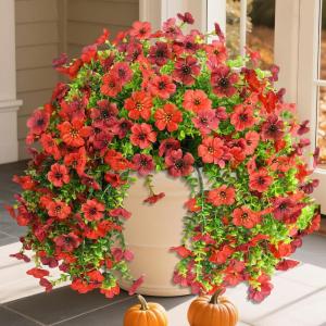 Artificial Faux Flowers Plants for Outdoor Spring Summer Decoration, 2 PCS Fake Silk Daisy Flowers No Fade UV Resistant Realistic for Outside Home Planter Porch Patio Balcony Yard Decor (Blue Purple)(Red Brown)