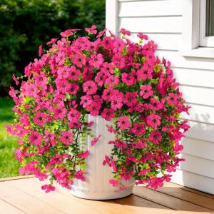 Artificial Faux Flowers Plants for Outdoor Spring Summer Decoration, 2 PCS Fake Silk Daisy Flowers No Fade UV Resistant Realistic for Outside Home Planter Porch Patio Balcony Yard Decor (Blue Purple)(Rose Red)