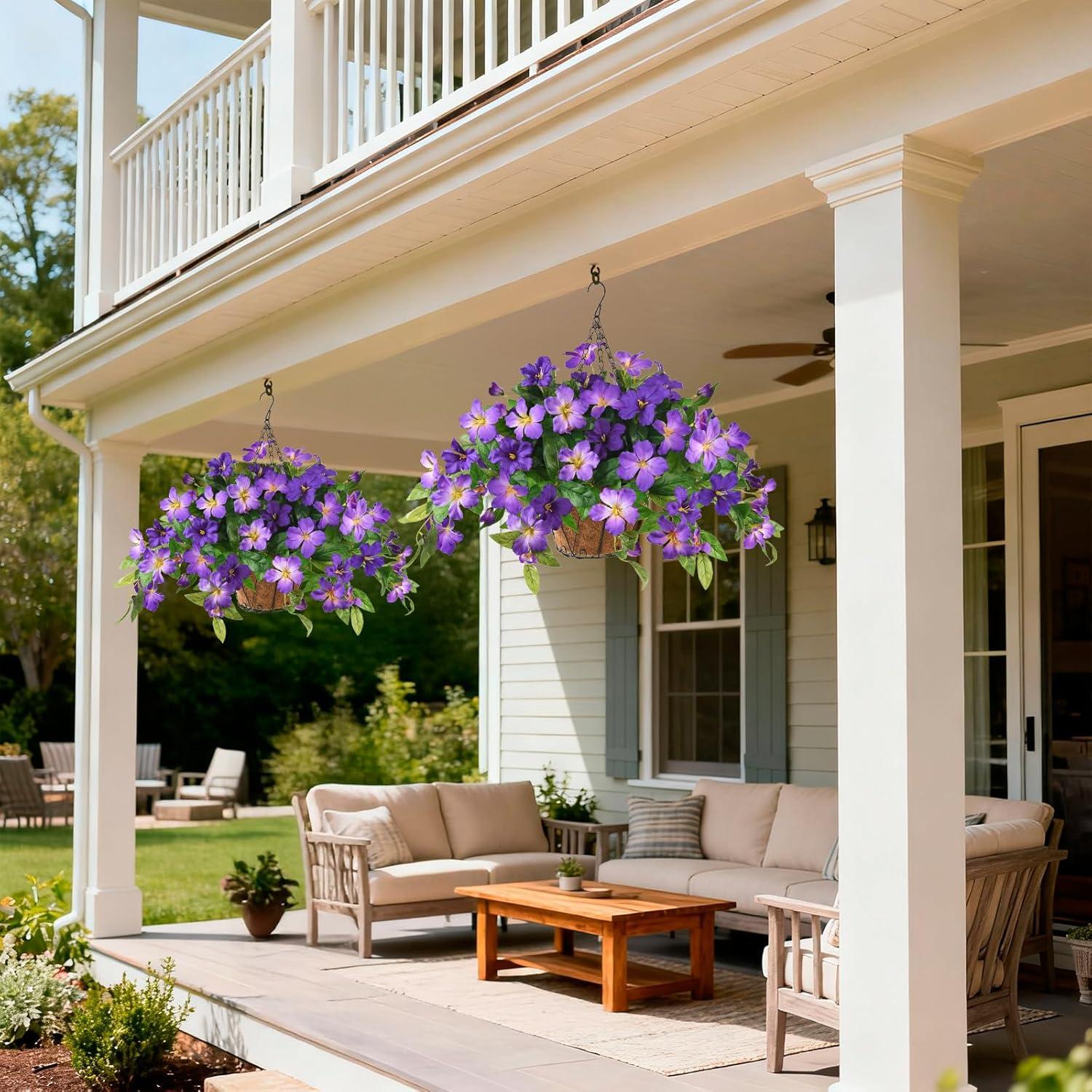 image:imageHomsunny Artificial Fake Flowers Plants Outdoor 2PCS Realistic Faux Silk Flowers UV Resistant Fake Outdoor Flowers for Spring Outside Porch Garden and Home Patio Yard Decor Light Purple RedDeep Purple Light Purple With Basket