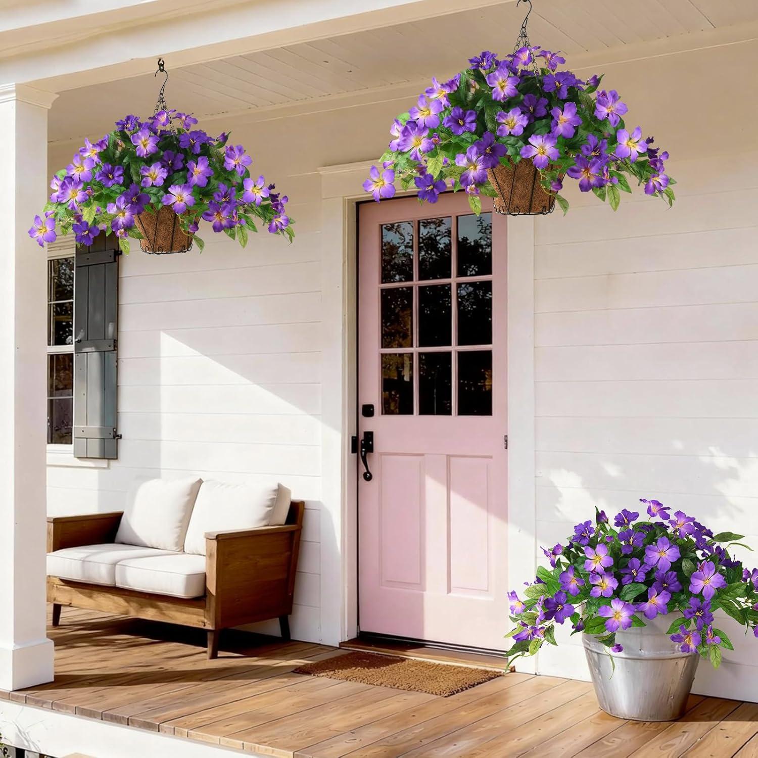 image:imageHomsunny Artificial Fake Flowers Plants Outdoor 2PCS Realistic Faux Silk Flowers UV Resistant Fake Outdoor Flowers for Spring Outside Porch Garden and Home Patio Yard Decor Light Purple RedDeep Purple Light Purple With Basket