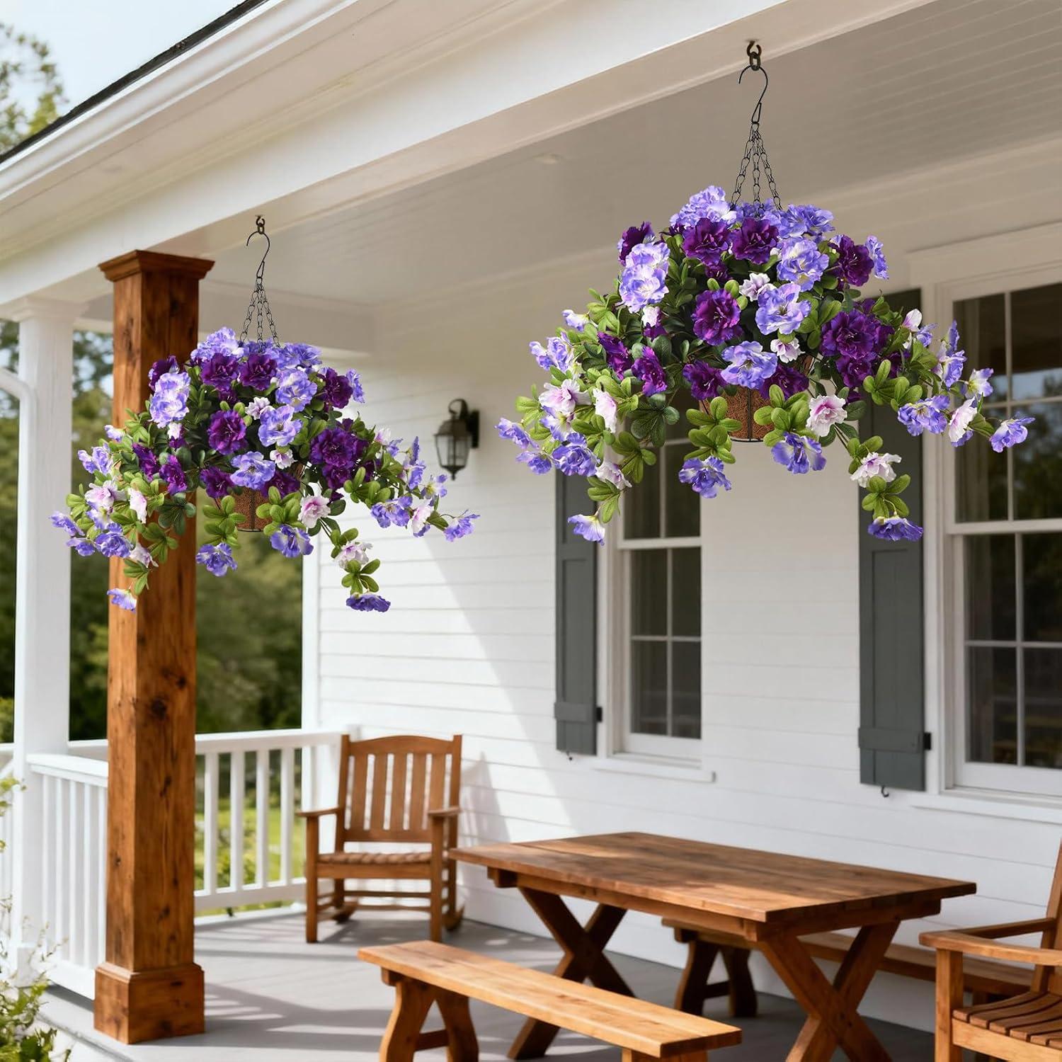 image:imageHomsunny Artificial Fake Flowers for Outdoor 2PCS Realistic Fake Outdoor Flowers Plants UV Resistant Silk Faux Flower for Outside Front Door Porch Planters Patio Yard Garden WindowA03 Deep Purple Light Purplewhite