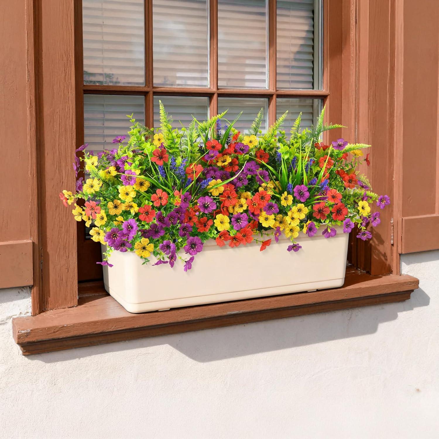 image:imageHomsunny Artificial Flowers for Outdoors 12 PCS Faux Silk Flower with Artificial Fern Spring Decoration Fake Outdoor Flowers UV Resistant No Fade Artificial Plants Front Porch Garden Patio DecorPurpleredyellow