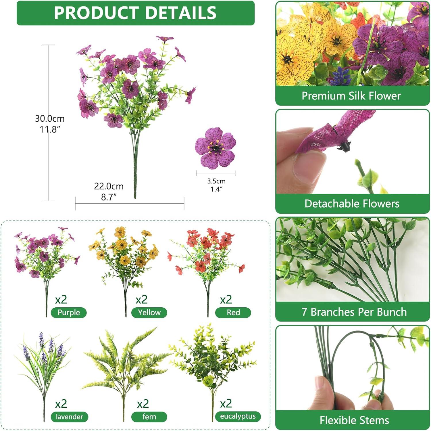 image:imageHomsunny Artificial Flowers for Outdoors 12 PCS Faux Silk Flower with Artificial Fern Spring Decoration Fake Outdoor Flowers UV Resistant No Fade Artificial Plants Front Porch Garden Patio DecorPurpleredyellow