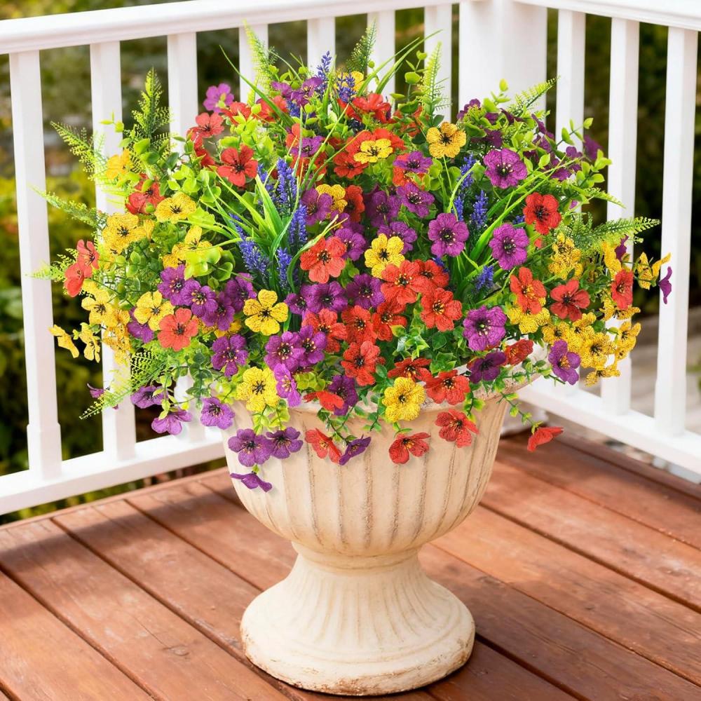 image:imageHomsunny Artificial Flowers for Outdoors 12 PCS Faux Silk Flower with Artificial Fern Spring Decoration Fake Outdoor Flowers UV Resistant No Fade Artificial Plants Front Porch Garden Patio DecorPurpleredyellow