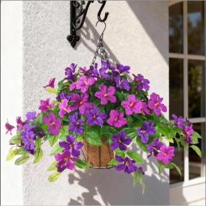 Homsunny Artificial Fake Flowers Plants Outdoor, 2PCS Realistic Faux Silk Flowers UV Resistant Fake Outdoor Flowers for Spring Outside Porch Garden and Home Patio Yard Decor (Light Purple Red)(Double Orchid With Basket)