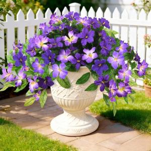 Homsunny Artificial Fake Flowers Plants Outdoor, 2PCS Realistic Faux Silk Flowers UV Resistant Fake Outdoor Flowers for Spring Outside Porch Garden and Home Patio Yard Decor (Light Purple Red)(Deep Purple+ Light Purple)