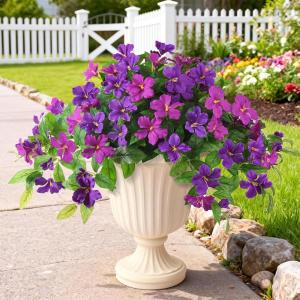 Homsunny Artificial Fake Flowers Plants Outdoor, 2PCS Realistic Faux Silk Flowers UV Resistant Fake Outdoor Flowers for Spring Outside Porch Garden and Home Patio Yard Decor (Light Purple Red)(Double Orchid)