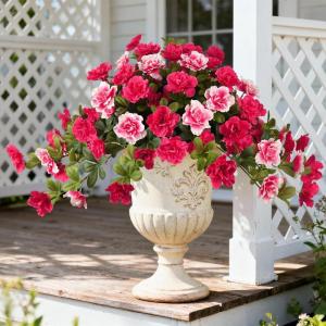Homsunny Artificial Fake Flowers for Outdoor, 2PCS Realistic Fake Outdoor Flowers Plants, UV Resistant Silk Faux Flower for Outside Front Door Porch Planters Patio Yard Garden Window(A02 Red+white)