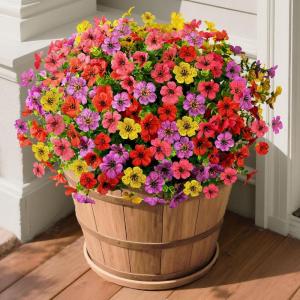 Homsunny Artificial Flowers for Outdoors, 12 PCS Faux Silk Flower with Artificial Fern Spring Decoration, Fake Outdoor Flowers UV Resistant No Fade Artificial Plants Front Porch Garden Patio Decor(Red+yellow+purple+pink)
