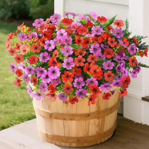 Homsunny Artificial Flowers for Outdoors, 12 PCS Faux Silk Flower with Artificial Fern Spring Decoration, Fake Outdoor Flowers UV Resistant No Fade Artificial Plants Front Porch Garden Patio Decor(Red+purple+ferns)