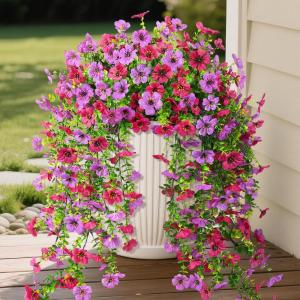 Homsunny Artificial Hanging Flowers for Outdoor, 2PCS Fake Flowers Faux Silk Daisy with Eucalyptus Leaves, UV Resistant Aritificial Flowers for Spring Home Patio Yard Porch Decor (Light Purple Red)(Purple + Orchid)