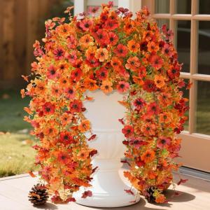 Homsunny Artificial Hanging Flowers for Outdoor, 2PCS Fake Flowers Faux Silk Daisy with Eucalyptus Leaves, UV Resistant Aritificial Flowers for Spring Home Patio Yard Porch Decor (Light Purple Red)(Orange+fall Red)