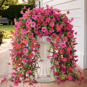 Homsunny Artificial Hanging Flowers for Outdoor, 2PCS Fake Flowers Faux Silk Daisy with Eucalyptus Leaves, UV Resistant Aritificial Flowers for Spring Home Patio Yard Porch Decor (Light Purple Red)(Hot Pink+rose Red)