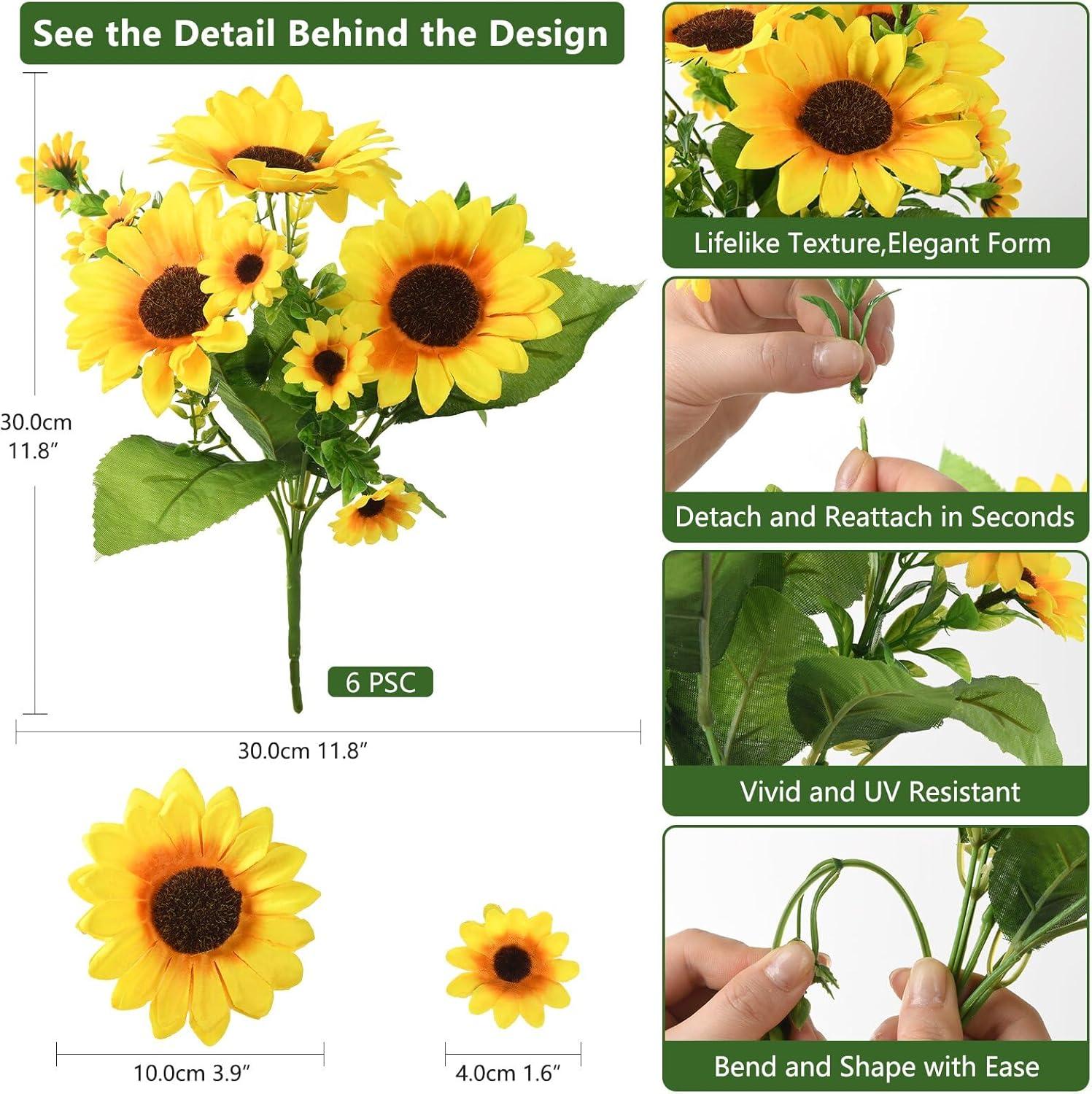 image:imageHomsunny Fake Sunflowers Artificial Flowers for Outdoor Decoration 6 Pcs Faux Silk Sunflowers Realistic UV Resistant for Centerpiece Wedding Bouquet Office Cemetery Outdoor Indoor Home DecorGold