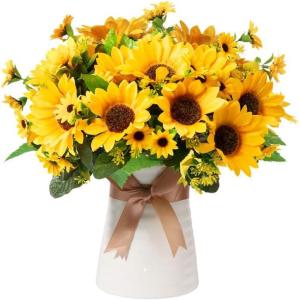 Homsunny Fake Sunflowers Artificial Flowers for Outdoor Decoration, 6 Pcs Faux Silk Sunflowers Realistic UV Resistant for Centerpiece Wedding Bouquet Office Cemetery Outdoor Indoor Home Decor(Ripple Vase)