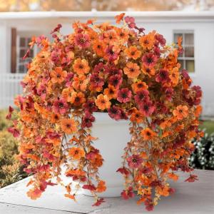 Artificial Fake Hanging Flowers Plants for Outdoor Outside Decoration, Faux Silk Daisy Flower Realistic UV Resistant for Front Porch Patio Balcony Garden Yard Indoor Planter Home Decor(Purple Red)(Orange Brown)