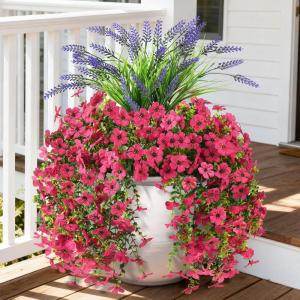 Artificial Fake Hanging Flowers Plants for Outdoor Outside Decoration, Faux Silk Daisy Flower Realistic UV Resistant for Front Porch Patio Balcony Garden Yard Indoor Planter Home Decor(Purple Red)(Pink)
